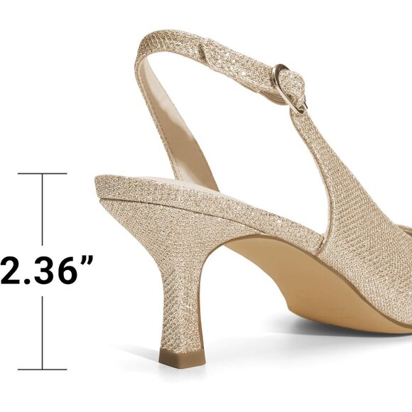 Women's Gold-glitter Slingback Pointed Toe Low Pumps Casual Stylish Kitten Heel - Picture 6 of 6